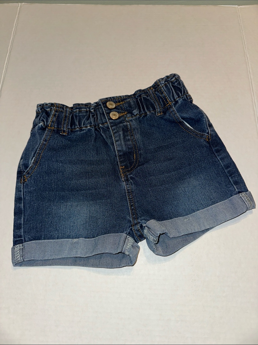 Girls Elastic, Paperbag Waist Dark Blue Denim Cuffed Shorts